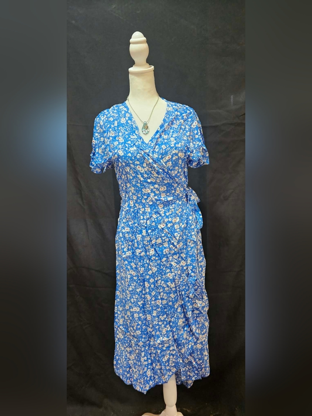 Blue Floral Wrap Midi Dress with Tie Waist